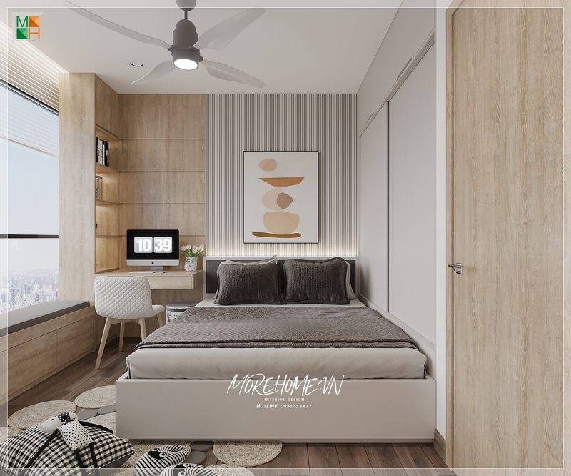 Giường ngủ gỗ công nghiệp màu trắng được thiết kế theo phong cách hiện đại giúp không gian căn phòng trở nên tiện nghi, hài hòa.