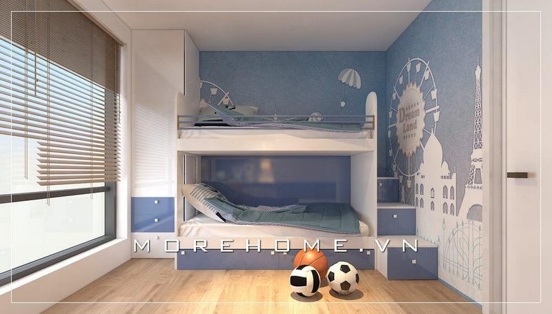 Nội thất phòng ngủ bé trai màu xanh ấn tượng kết hợp tranh dán tường cao cấp đẹp mắt tạo điểm nhấn ấn tượng hài hòa