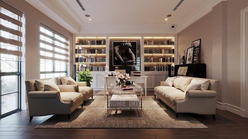 Sofa vải tân cổ điển mang lại sự nhẹ nhàng và đẹp mắt cho không gian nội thất của phòng làm việc tại nhà ở, biệt thự hà nội.