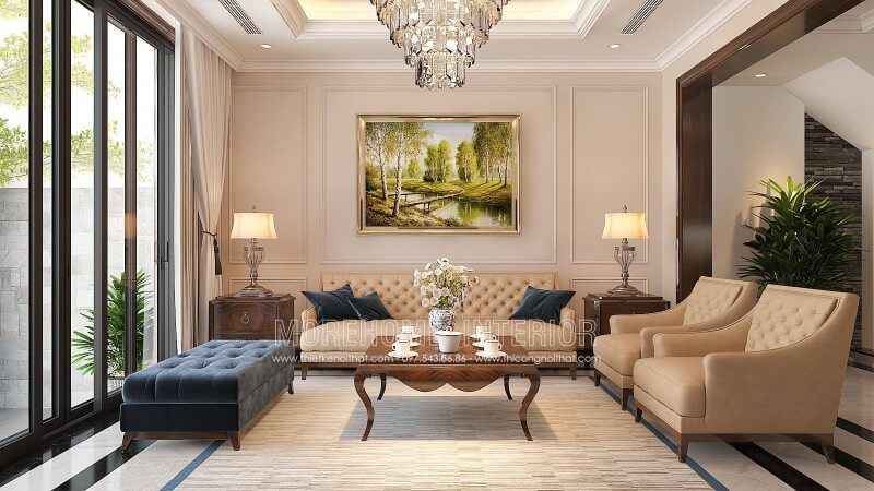 . Sofa tân cổ điển khung gỗ tự nhiên bọc da màu kẹm đậm cao cấp là yếu tố quan trọng khi thiết kế một phòng khách đẹp.